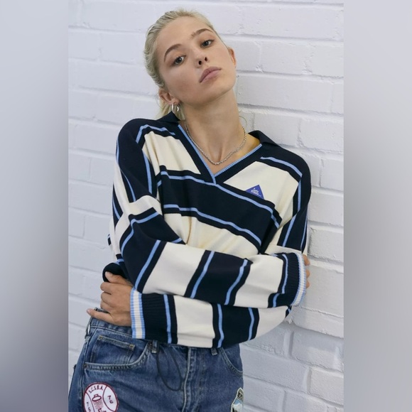 Iets Frans Retro Rugby Stripe Collared Boxy Crop Knit Sweater Blue/Cream Small - Picture 6 of 6